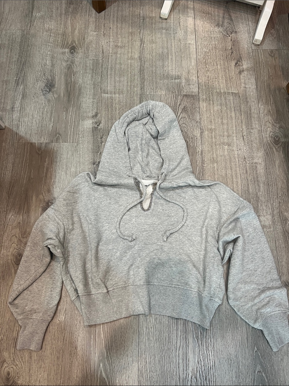 aerie Light Gray Cropped Hoodie with Drawstring and embellishment S